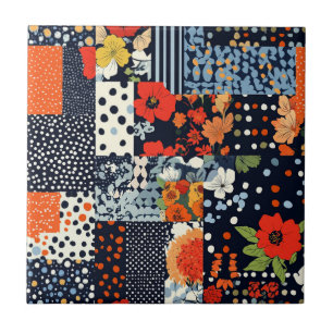 Vintage Navy Coral Floral Patchwork Quilt Tile