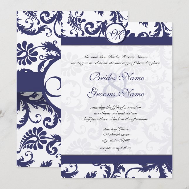 Vintage Navy Damask Swirls Wedding Invitation (Front/Back)