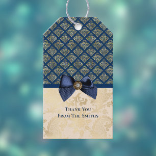 Vintage Navy Gold Damask Look Thank You with Name Gift Tags