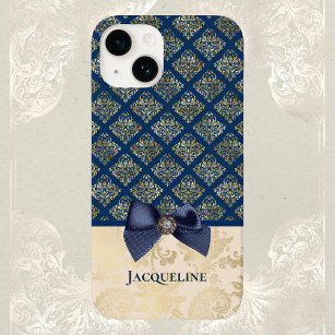 Vintage Navy Gold Damask Look with Bow and Name  Case-Mate iPhone 14 Case
