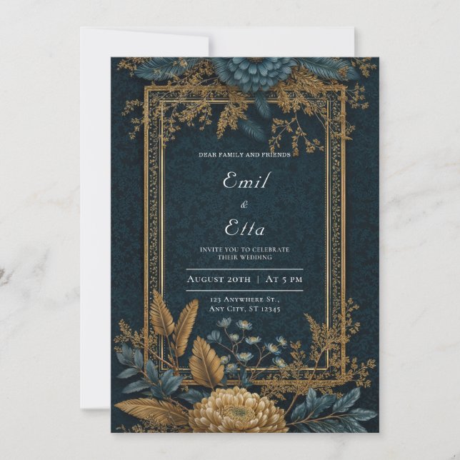 Vintage Navy Gold Floral Wedding  Invitation (Front)