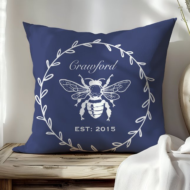 Vintage Navy Honey Bee Laurel Honeycomb Monogram Cushion (Creator Uploaded)