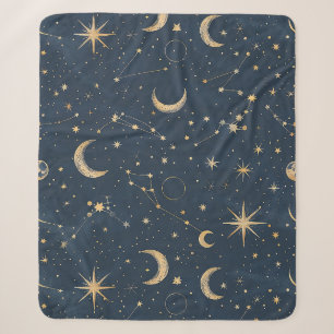 Vintage Navy Ivory Astrology Moon Constellation Sherpa Blanket