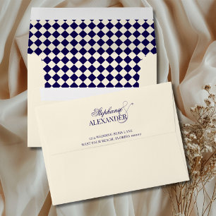 Vintage Navy & Ivory Chequered Old Money Wedding Envelope