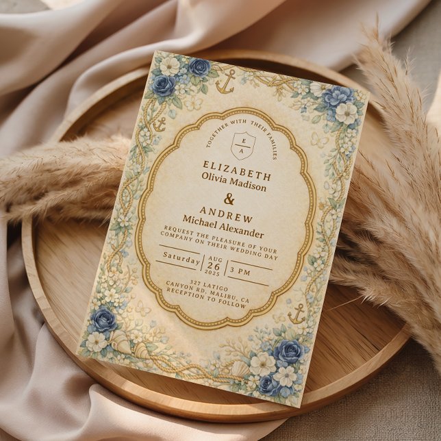 Vintage Navy Nautical Garden Wedding Invitation (Creator Uploaded)