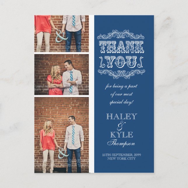 VINTAGE Navy Photo Wedding Thank You Post Card (Front)