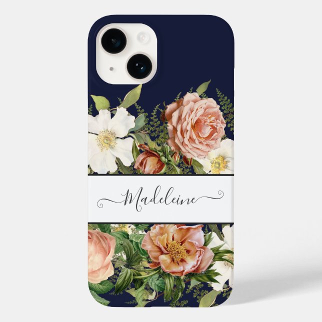 Vintage Navy Pink n White Floral w Pretty Flowers Case-Mate iPhone Case (Back)