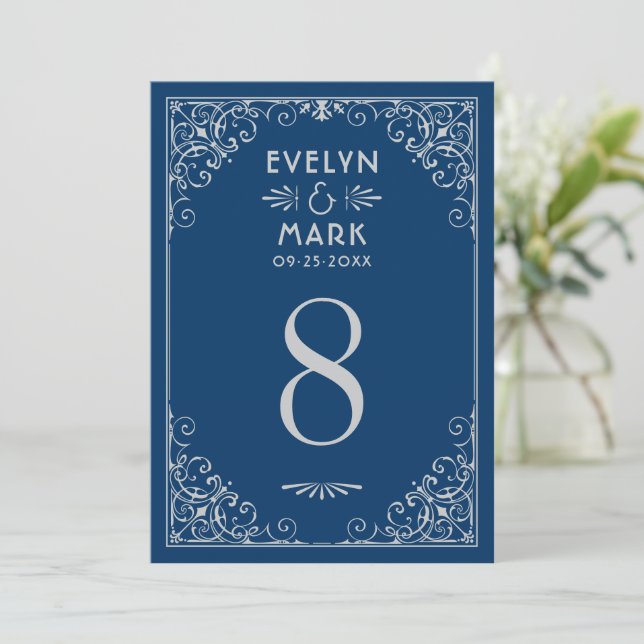 Vintage Navy Silver Art Deco Table Number Card (Standing Front)