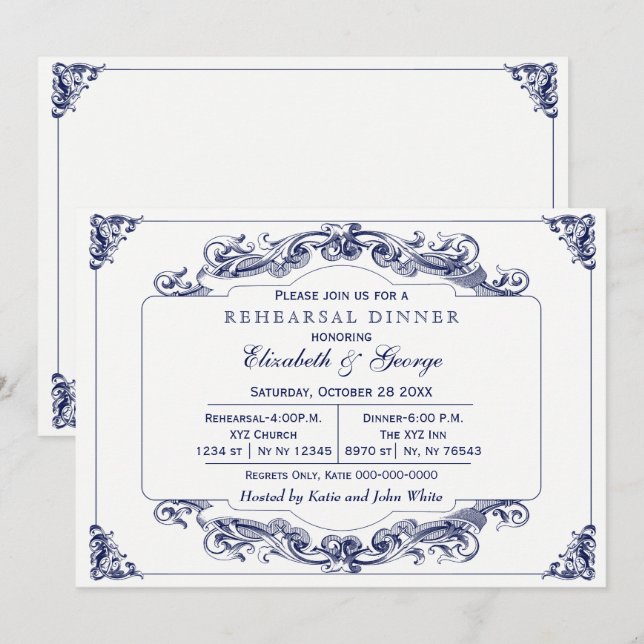 Vintage Navy White Elegant Rehearsal Dinner Invitation (Front/Back)