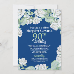 Vintage Navy White Roses 90th Birthday Invitation