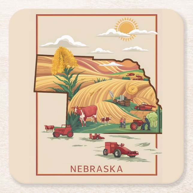 Vintage Nebraska Heartland Farm Scene Square Paper Coaster (Front)