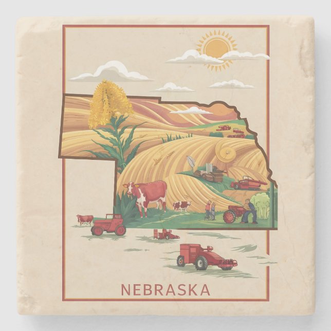 Vintage Nebraska Heartland Farm Scene Stone Coaster (Front)