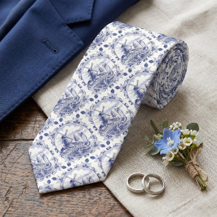 Vintage Neck Tie With Dutch Delft Blue Windmill