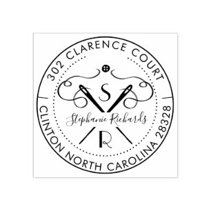 Vintage Needle & Thread Crest Monogram & Address Rubber Stamp
