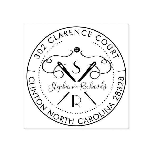 Vintage Needle & Thread Crest Monogram & Address Rubber Stamp (Imprint)