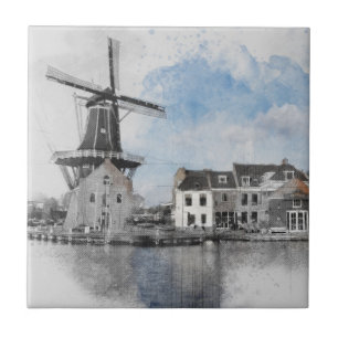 Vintage Netherlands Windmill Ceramic Tile Dutch
