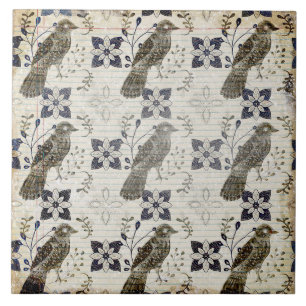 Vintage Neutral Bird Paper Print Ceramic Tile