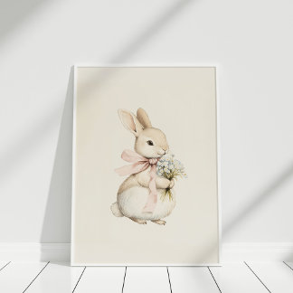 Vintage Neutral Cute Bunny with Flower Nursery Art Poster