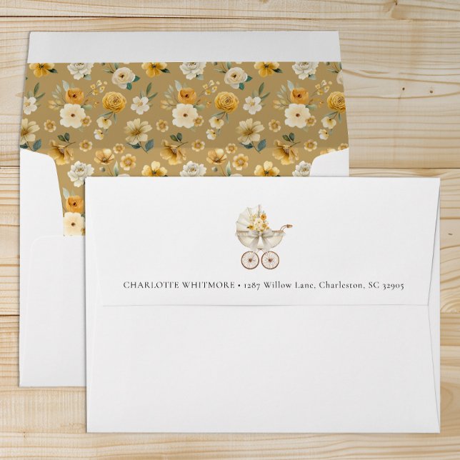 Vintage Neutral Floral Carriage Envelope (Pram Floral Baby Shower Envelope )