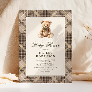 Vintage Neutral Plaid Teddy Bear Baby Shower Invitation
