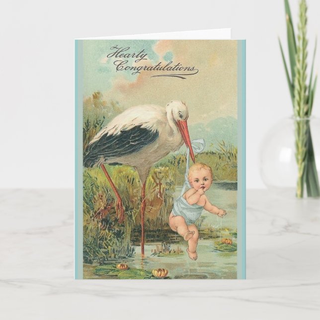 Vintage New Baby And Stork Greeting Card (Front)