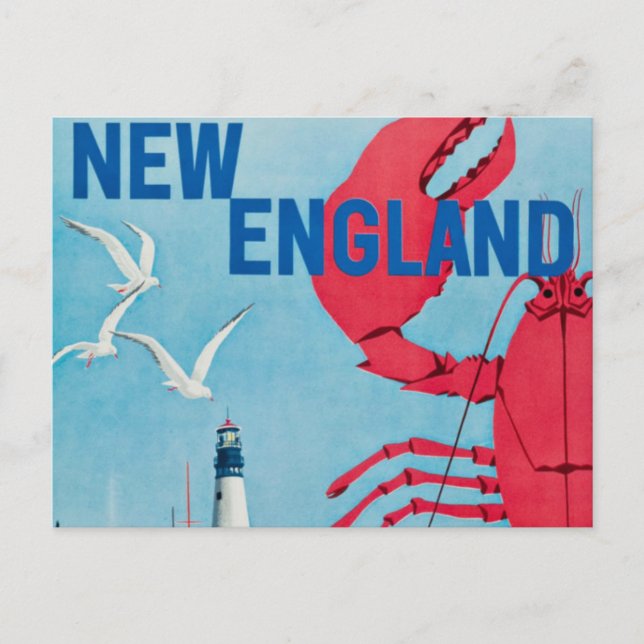 Vintage New England Lobster Lighthouse Travel Post Postcard (Front)