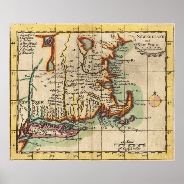 Vintage New England & Long Island Map (1703) Poster (Front)
