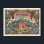 Vintage New Mexico Travel Poster Art Postcard<br><div class="desc">Many travelers look for southwestern decor that avoids the typical mass-produced neon styles, struggling instead to find pieces that reflect the genuine cultural soul of the region. This design solves that by offering a sophisticated, illustrative tribute to New Mexico, featuring iconic adobe architecture, a traditional mission church, and hanging red...</div>