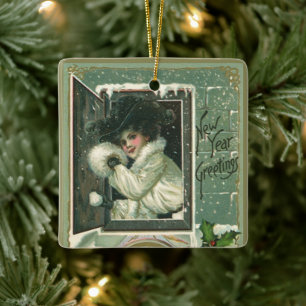 Vintage New Year Greetings, Victorian Girl Window Ceramic Ornament