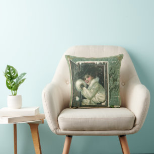 Vintage New Year Greetings, Victorian Girl Window Cushion