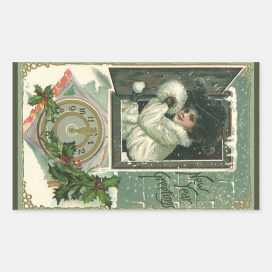 Vintage New Year Greetings, Victorian Window Girl Rectangular Sticker