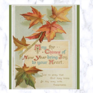 Vintage New Year Leaves and Blessings Postcard