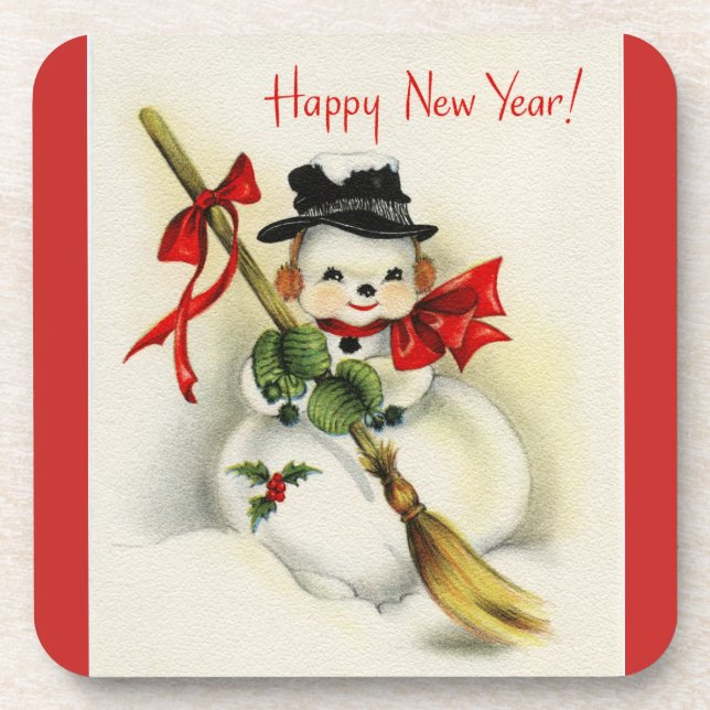 Vintage New Year Snowman Coaster (Front)