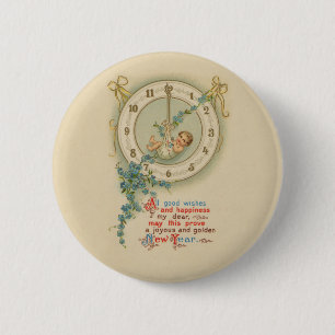 Vintage New Years Baby Clock 6 Cm Round Badge