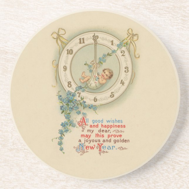 Vintage New Years Baby Clock Coaster (Front)