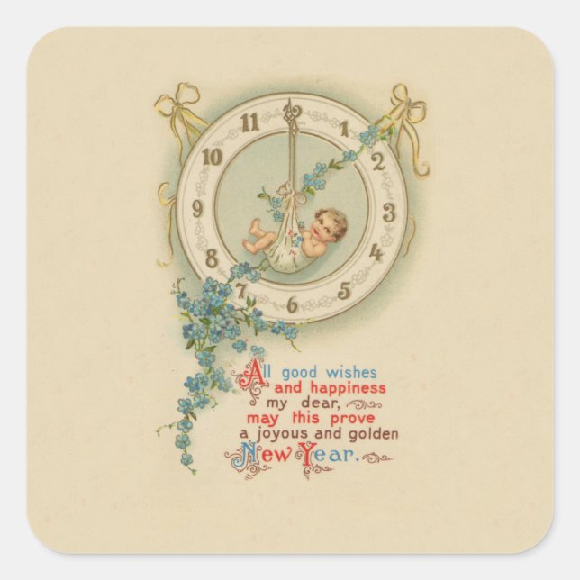 Vintage New Years Baby Clock Square Sticker (Front)