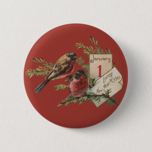 Vintage New Years Birds 6 Cm Round Badge