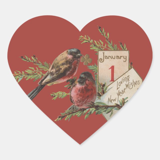 Vintage New Years Birds Heart Sticker (Front)