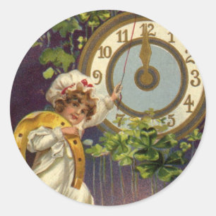 Vintage New Years Eve Irish Lass Clock at Midnight Classic Round Sticker