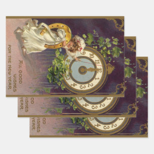 Vintage New Years Eve Irish Lass Clock at Midnight Wrapping Paper Sheet
