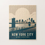 Vintage New York City East River Skyline WPA Style Jigsaw Puzzle<br><div class="desc">This vintage-inspired New York City poster captures the iconic Brooklyn Bridge and Manhattan skyline rising over the East River, blending timeless architecture with elegant design. Styled after classic WPA travel posters and art deco prints, it celebrates the spirit of the city with bold geometric shapes, minimalist lines, and a warm...</div>