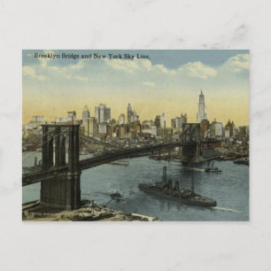 Vintage New York City Skyline and Brooklyn Bridge. Postcard