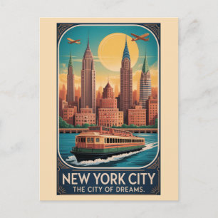 Vintage New York City Skyline Ferry Travel Postcard