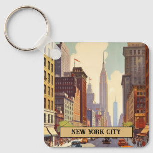 Vintage New York City Street Scene Custom Text Key Ring