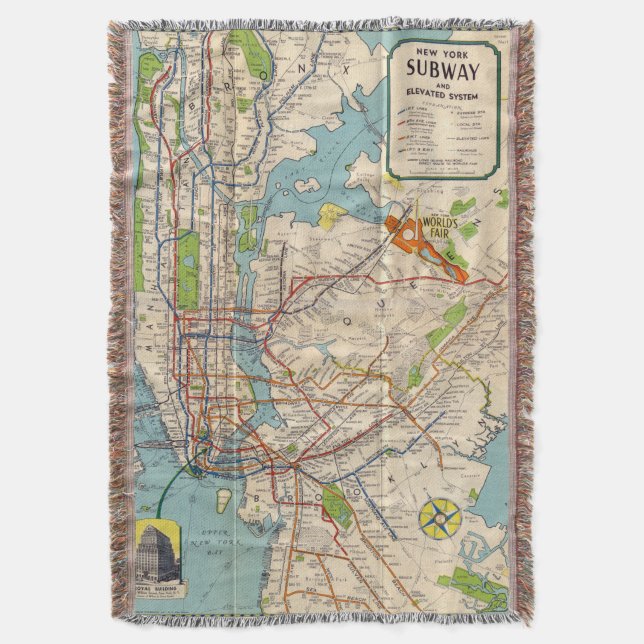 Vintage New York Subway Map Throw Blanket (Front Vertical)
