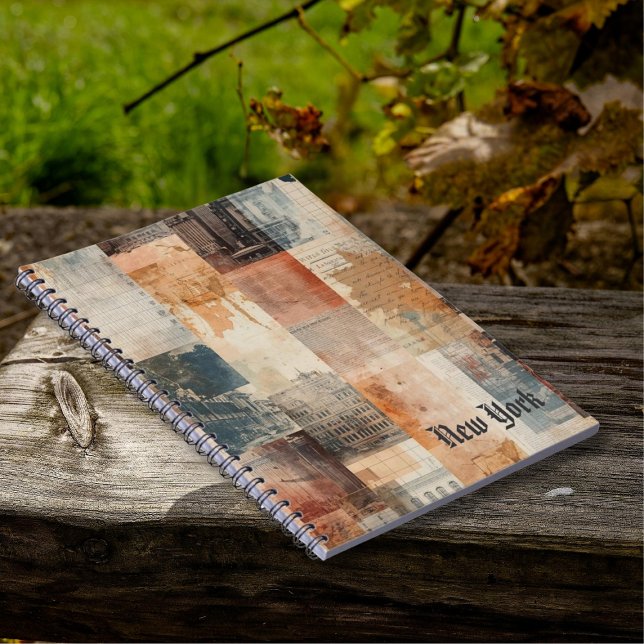Vintage New York Urban Collage Art Notebook (Vintage New York collage notebook with sepia tones, aged textures, and timeless urban charm.)