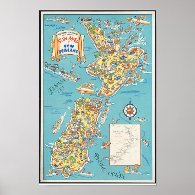 Vintage New Zealand Fun Map South Island Poster (Front)