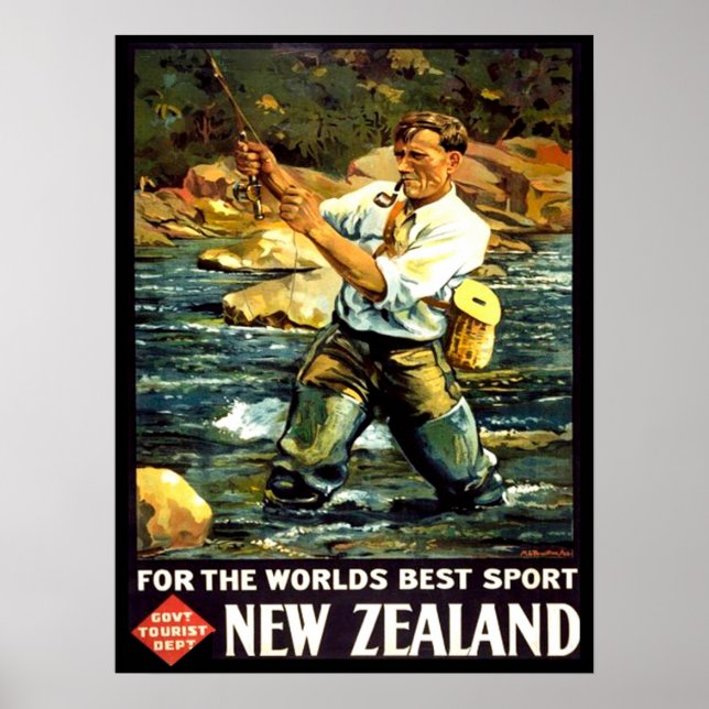 Vintage New Zealand Sports Fishing Travel Poster (Front)
