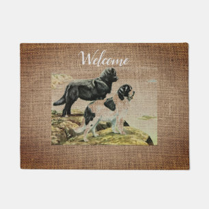 Vintage Newfoundland dogs in burlap - welcome Doormat