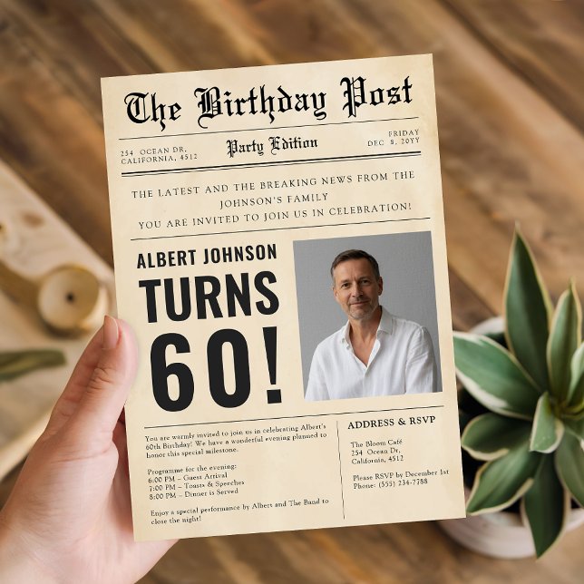Vintage Newspaper 60th Milestone Birthday Photo Invitation (Creator Uploaded)